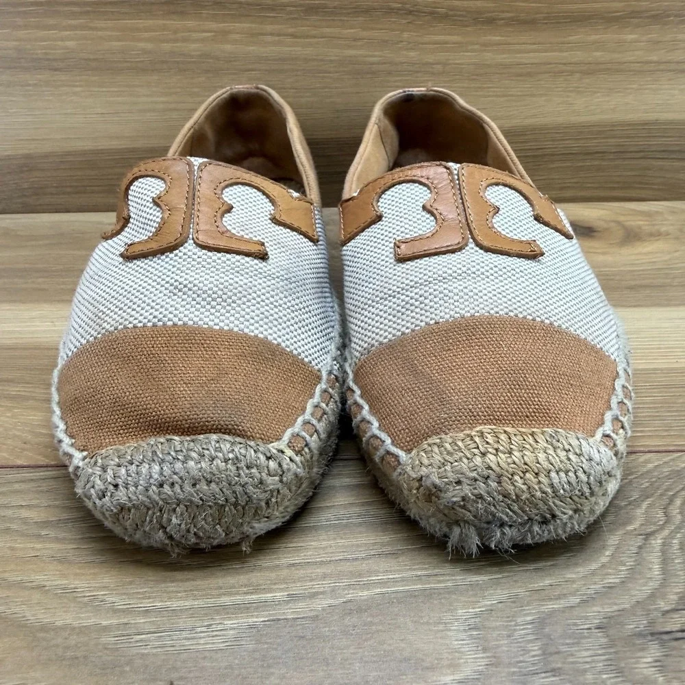 Tory Burch Espadrilles Flats 6.5 Tan Cream Canvas Loafers Vacation Resort Summer